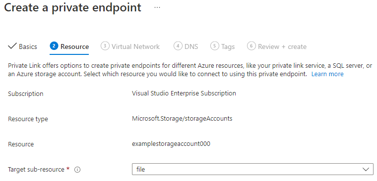 Screenshot showing how to select the resources that a new private endpoint should connect to.