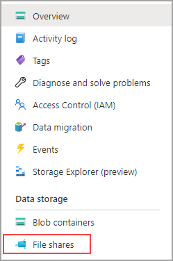 Screenshot of storage account blade, file shares selected.