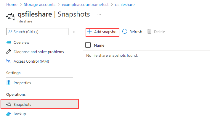 Screenshot of storage account snapshots tab.