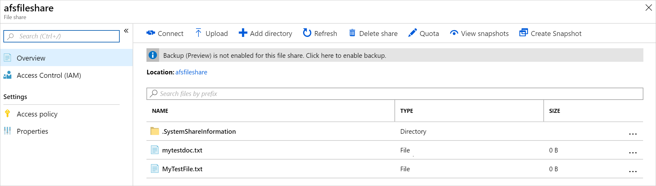 Screenshot showing files successfully synced with an Azure file share.