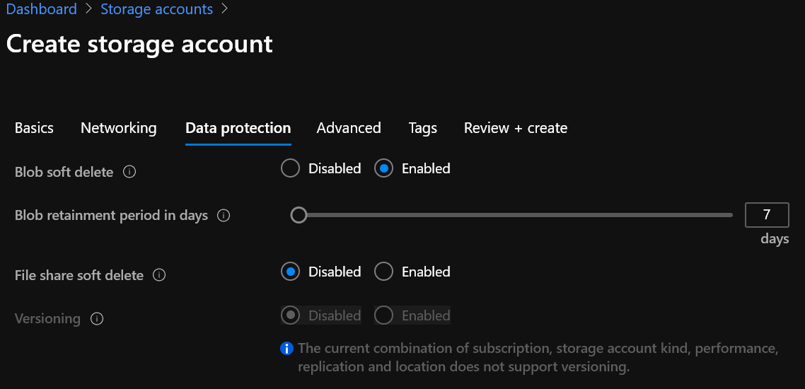 Shows the Data Protection settings in the portal.