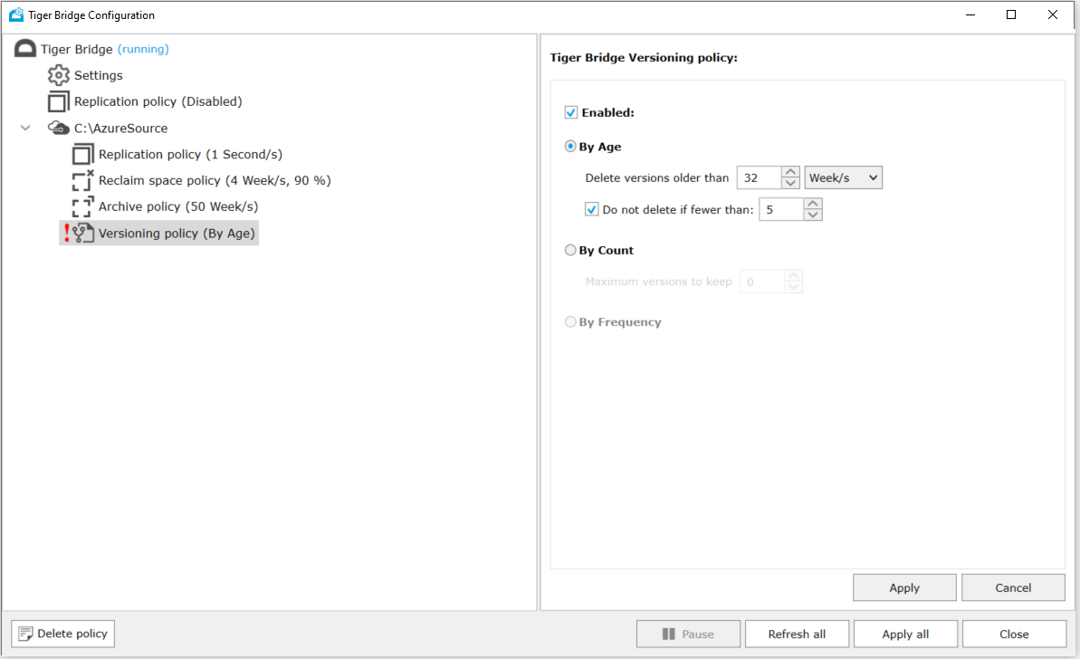 Screenshot that shows how to set versioning policy.