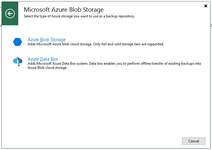 Shows selecting Azure Blob Storage in the Veeam Repository Wizard.
