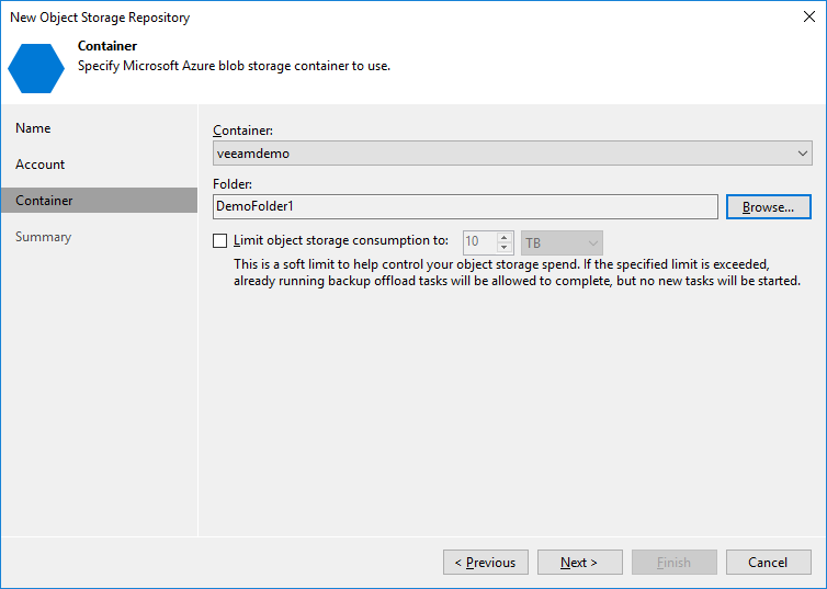 Shows specifying a container in the Veeam Repository Wizard.