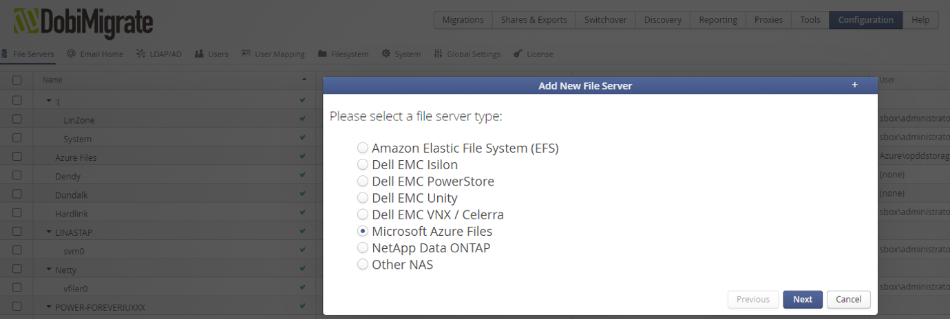 Add Microsoft Azure Files as server type.