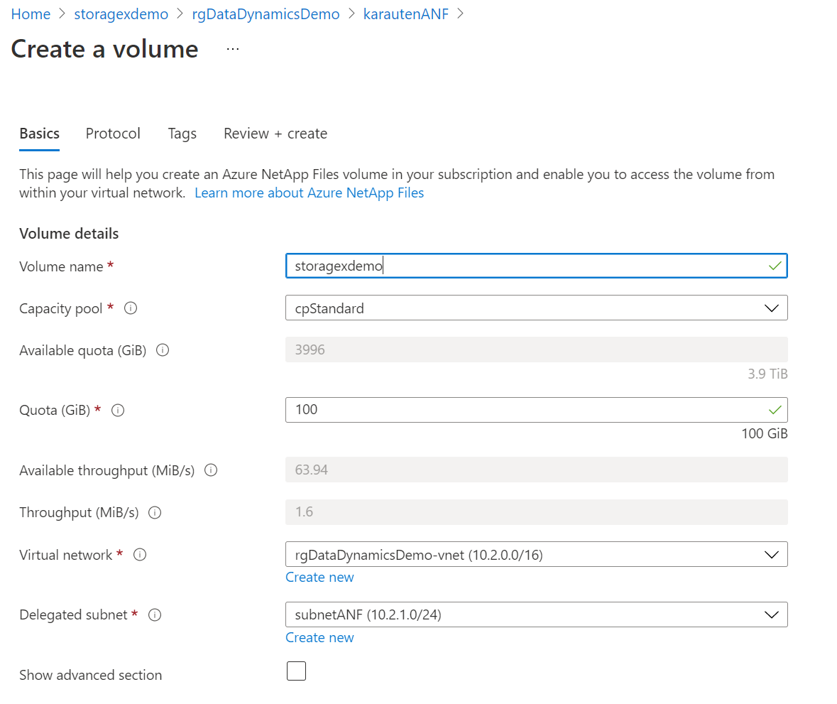 Screenshot for adding new Azure NetApp Files volume