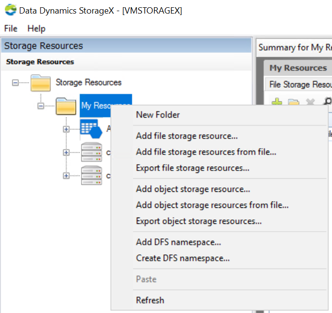 Screenshot for adding new resource to StorageX deployment