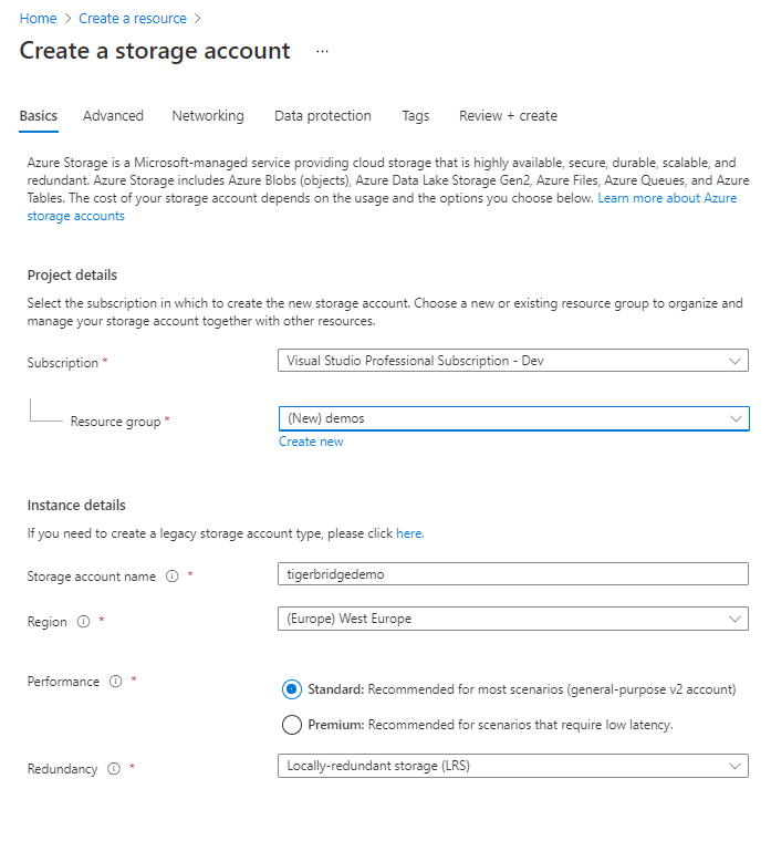 Screenshot that shows how to create a storage account for Azure Blob Storage service.