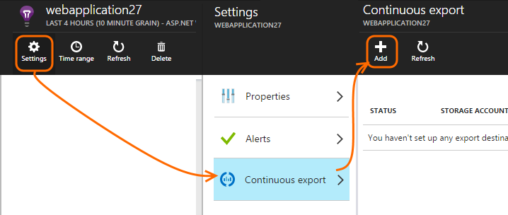 Screenshot of Application Insights resource, choose Settings, Continuous Export, then Add.