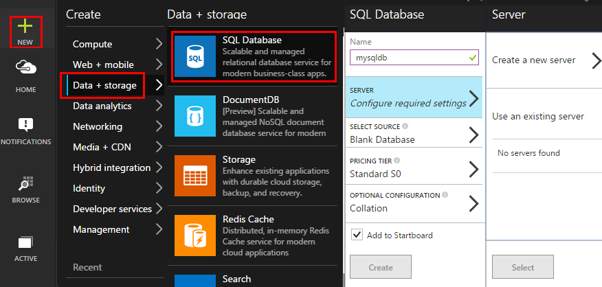 Screenshot of the Azure portal, create, Data+ storage, and SQL Database.