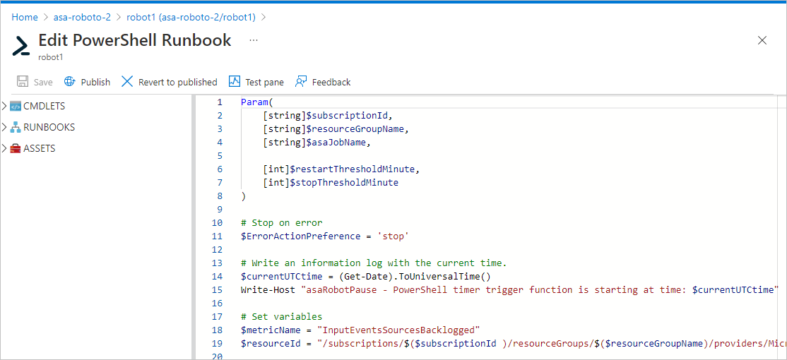 Screenshot of the runbook script editor in Azure Automation.