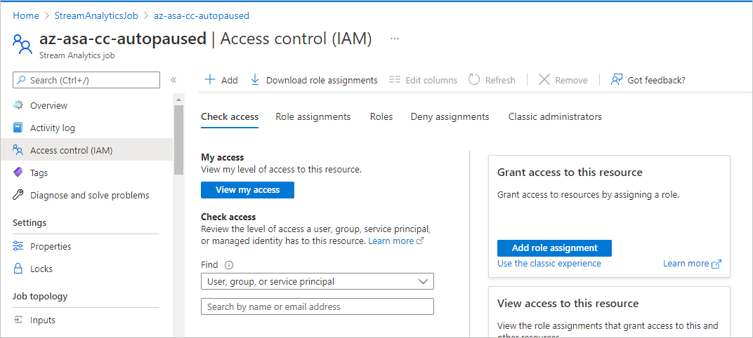 Screenshot of access control settings for a Stream Analytics job.