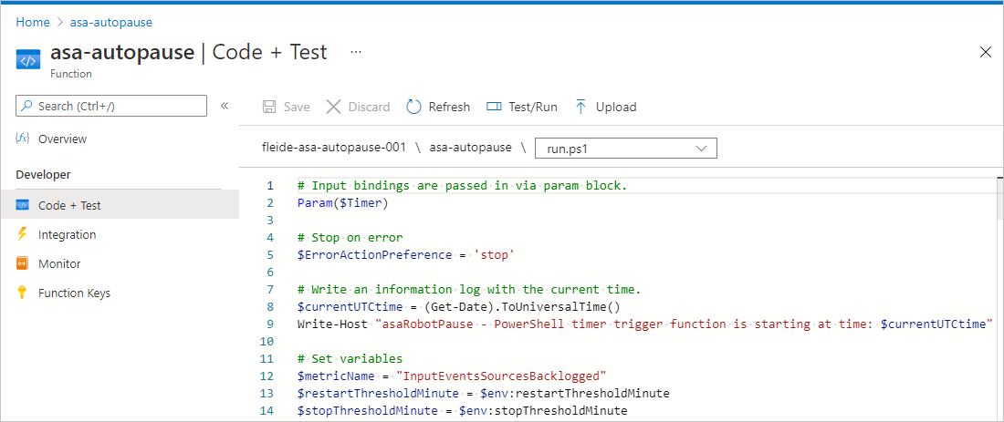 Screenshot of the Code+Test pane for the function.