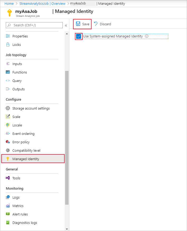 Screenshot of the Azure portal showing where to select managed identity in your stream analytics job.