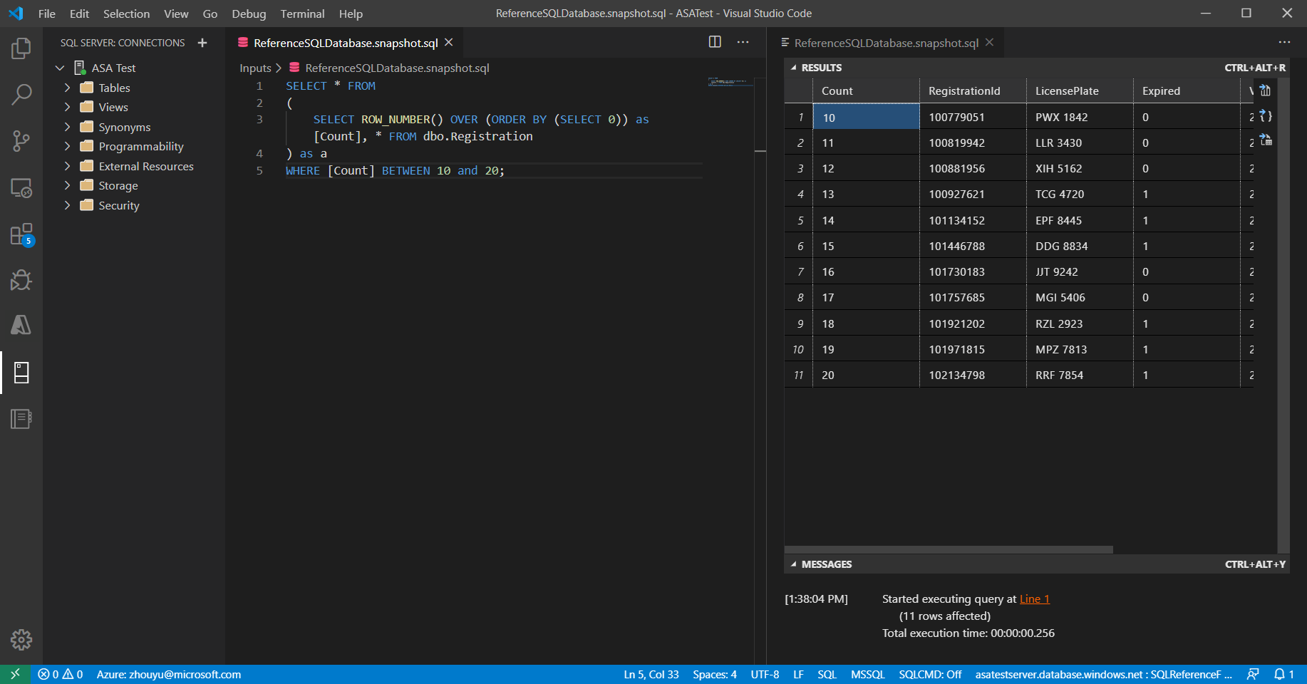 The query search results are in a VS Code editor tab.