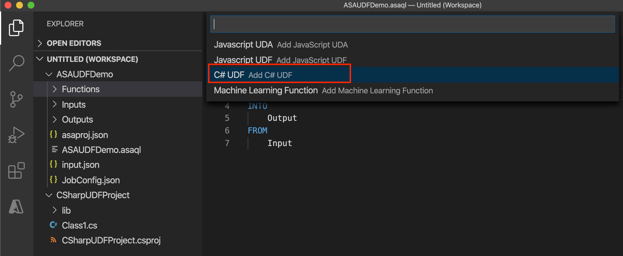 Select CSharp function from Stream Analytics project in VS Code