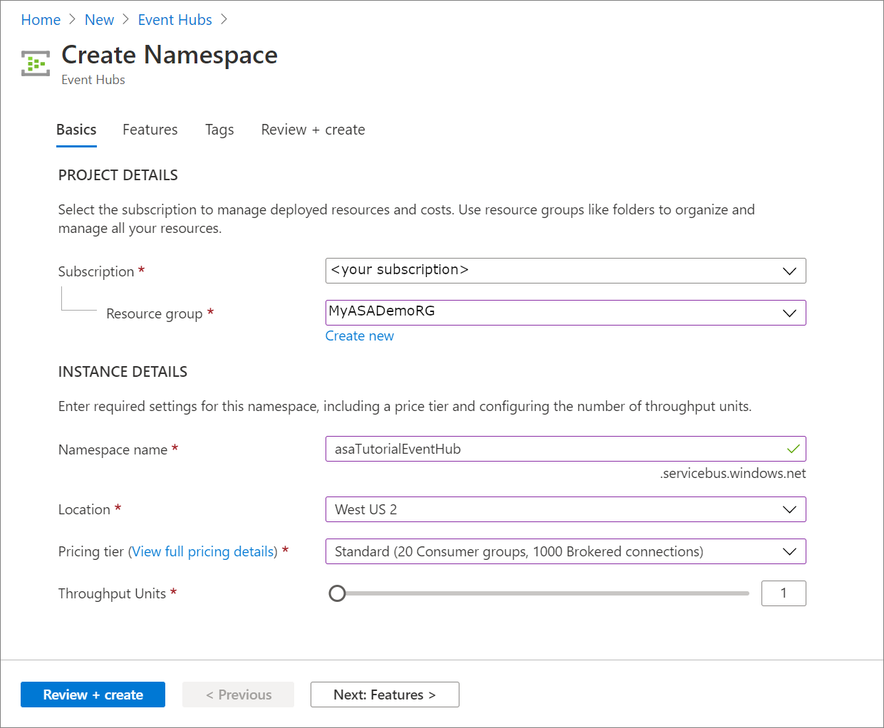 Create event hub namespace in the Azure portal