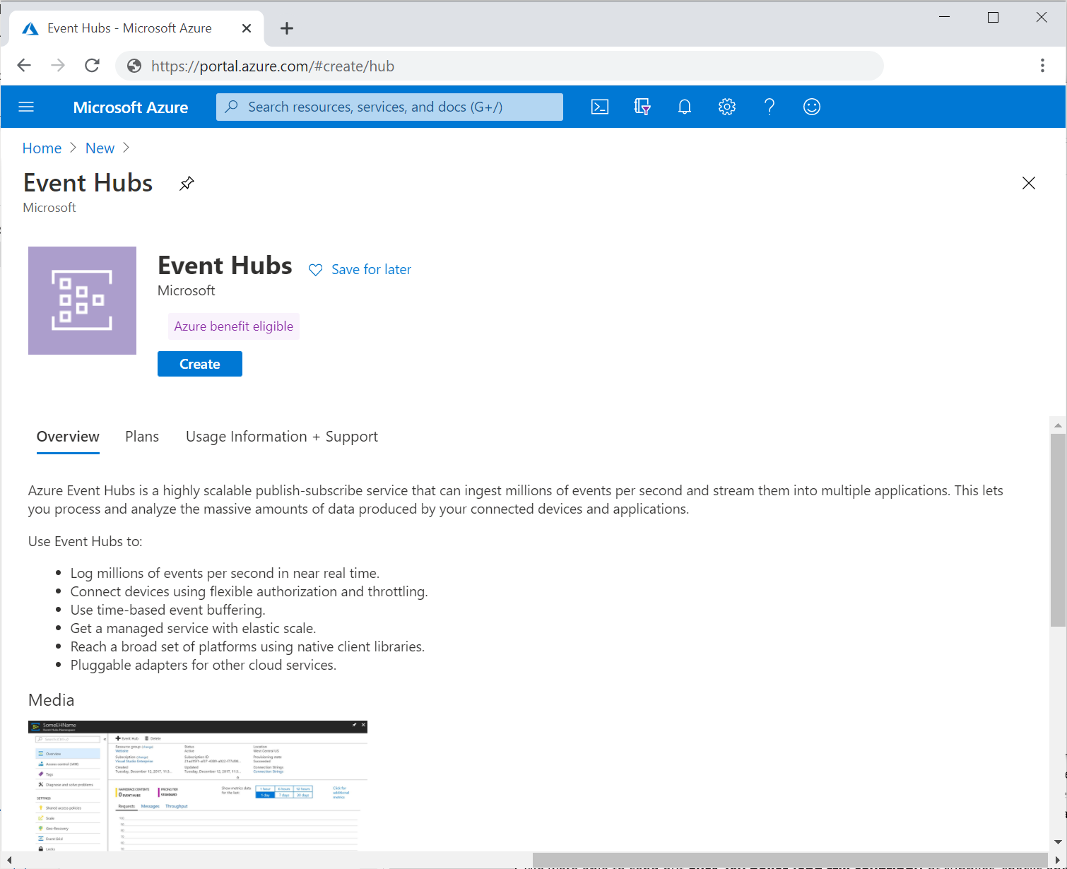 Create an event hub in the Azure portal.