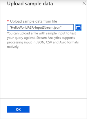 Screenshot shows the Upload sample data dialog box where you can select a file.