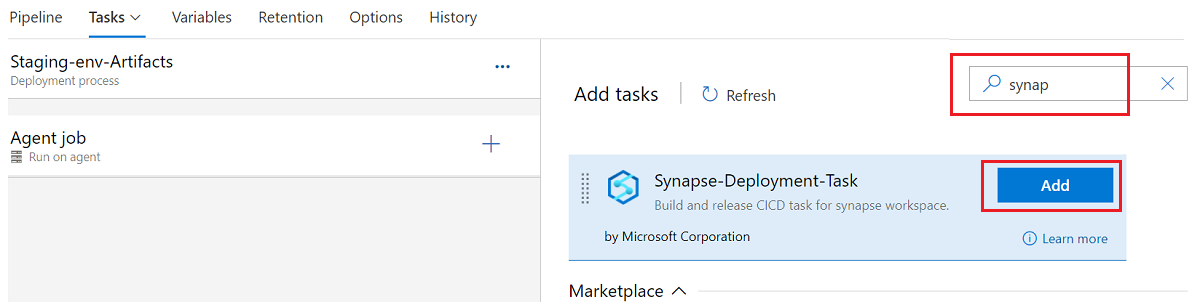 Screenshot that shows searching for Synapse workspace deployment to create a task.