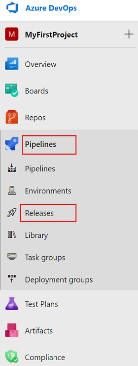 Screenshot that shows selecting Pipelines and then Releases on the Azure DevOps menu.