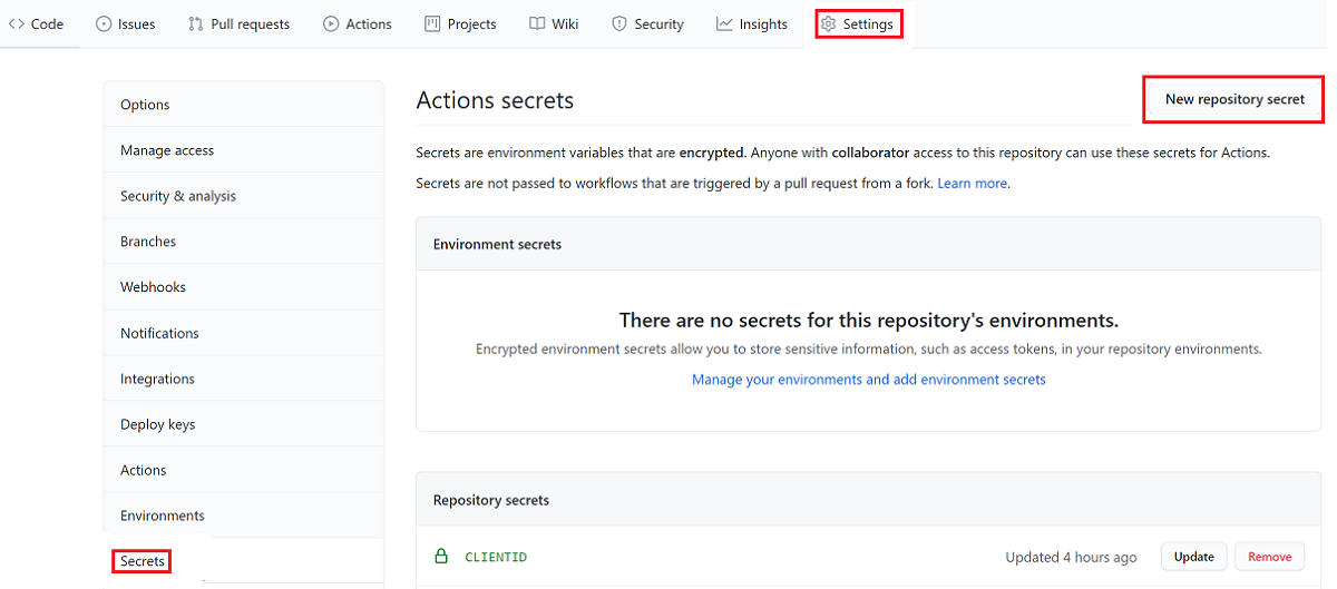 Screenshot that shows the GitHub elements to select to create a new repository secret.