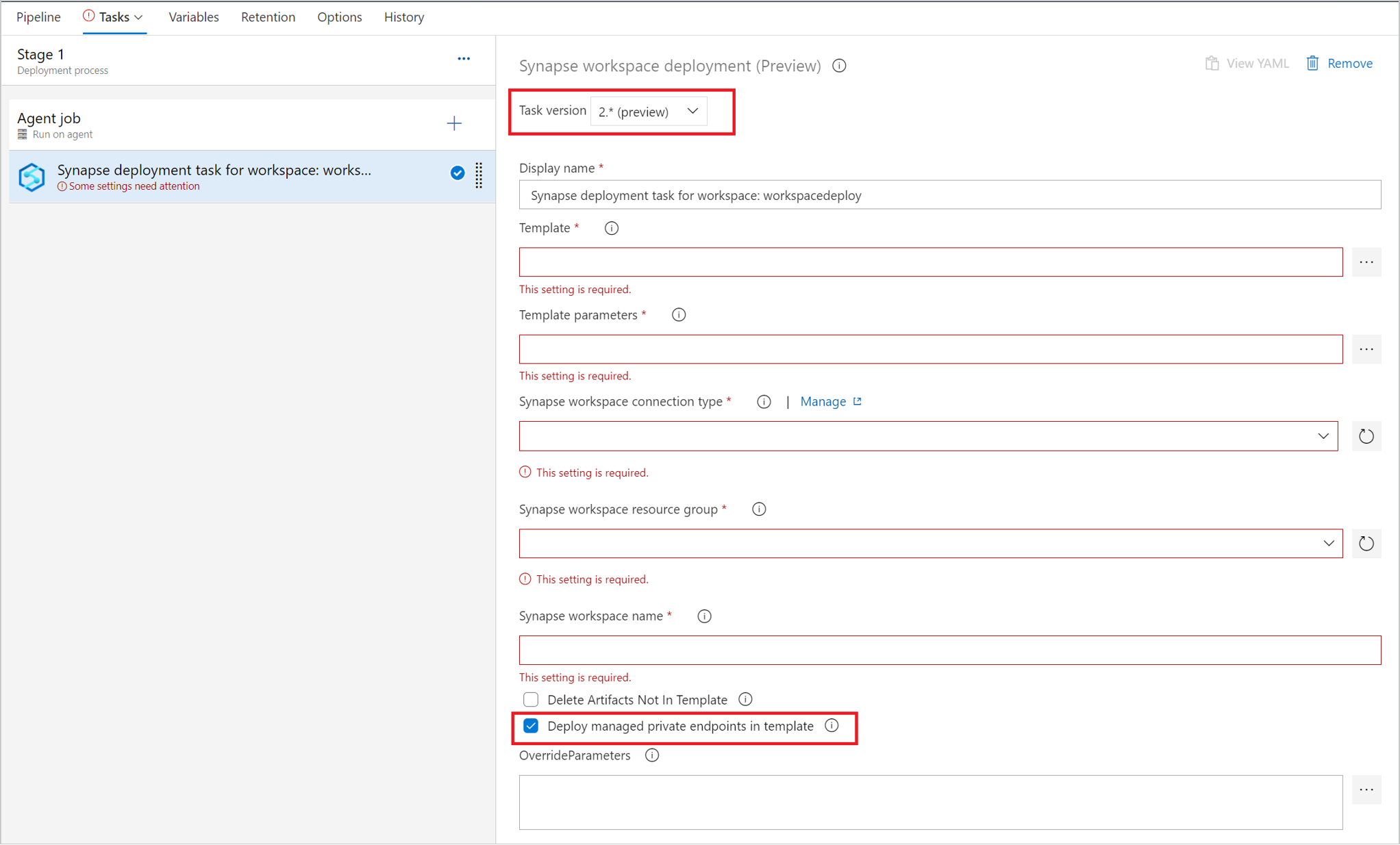 Screenshot that shows selecting version 2.x to deploy private endpoints with synapse deployment task.