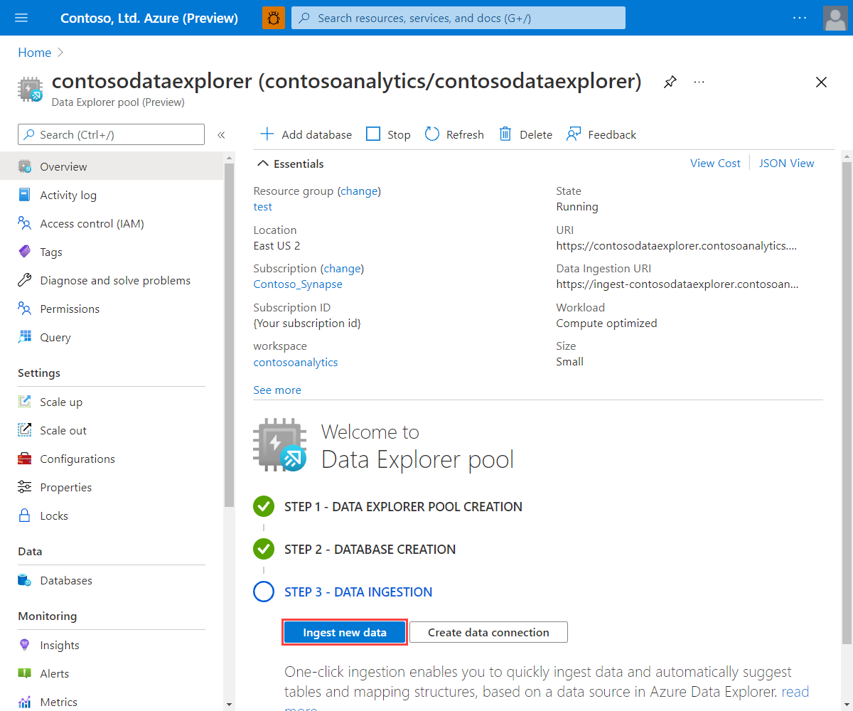 Screenshot of the Azure portal, showing opening Azure Data Explorer in the context of a specific pool.