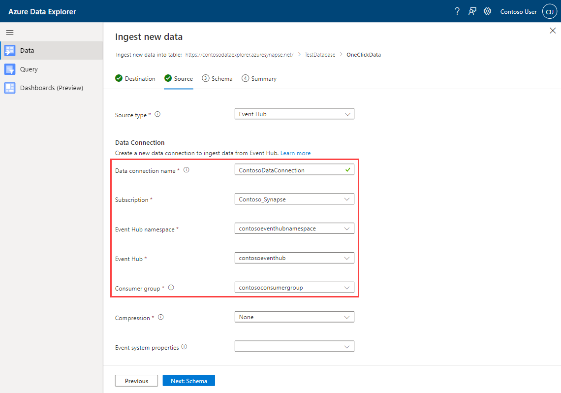 Screenshot of the Azure Data Explorer one-click ingestion wizard, showing the Event Hub connection details.