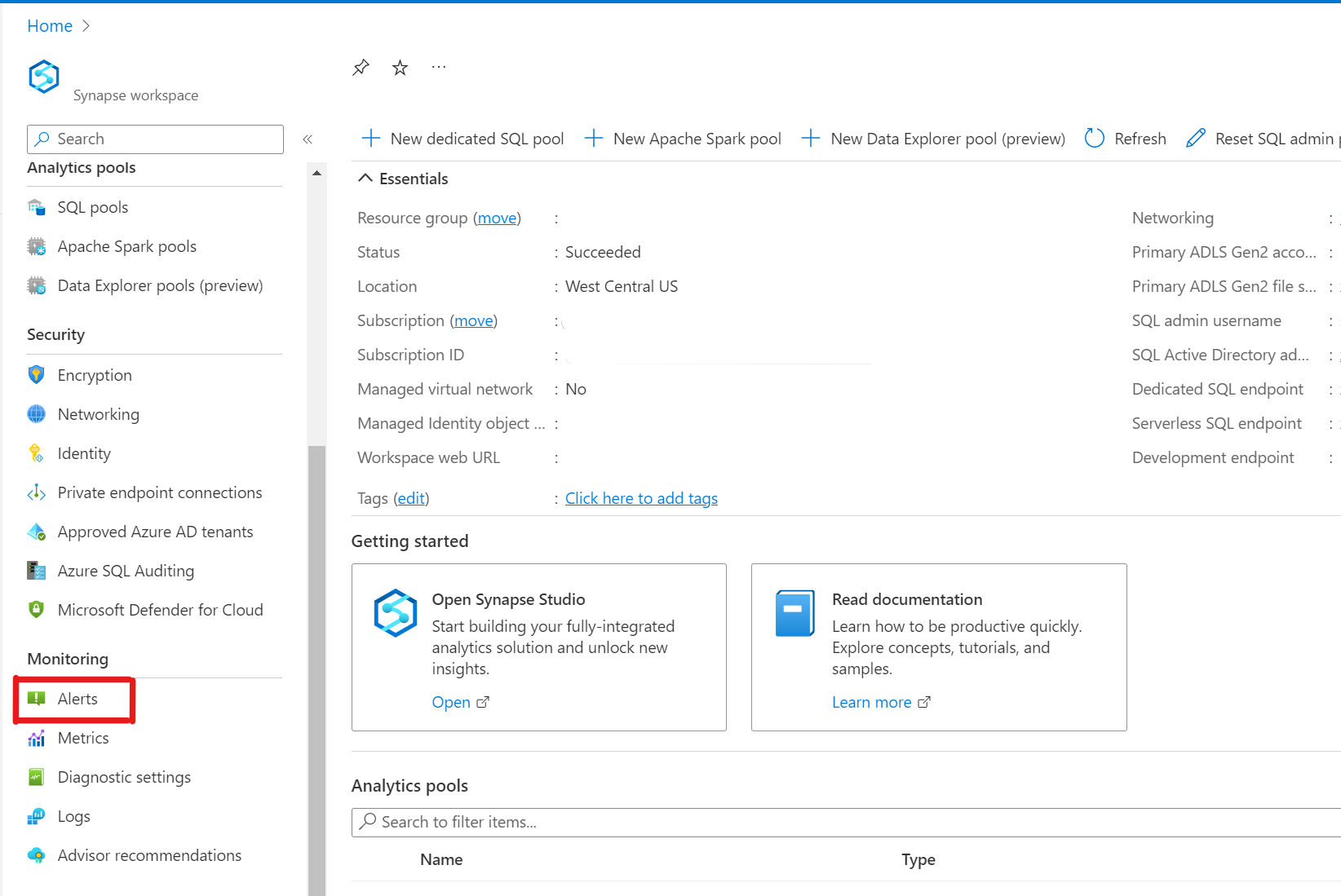 Screenshot that shows where to go to get to the Alerts tab to create a new alert in the Azure portal.