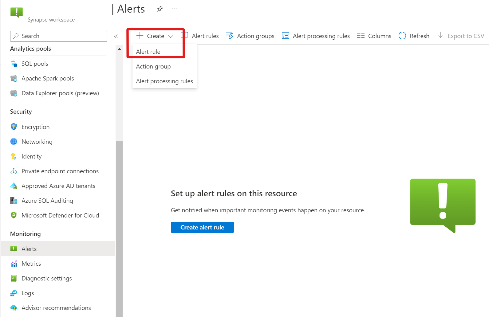 Screenshot that shows how to create a new alert.