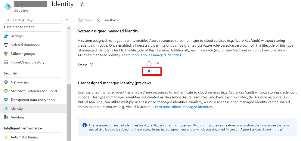 Screenshot of turning on system assigned managed identity.