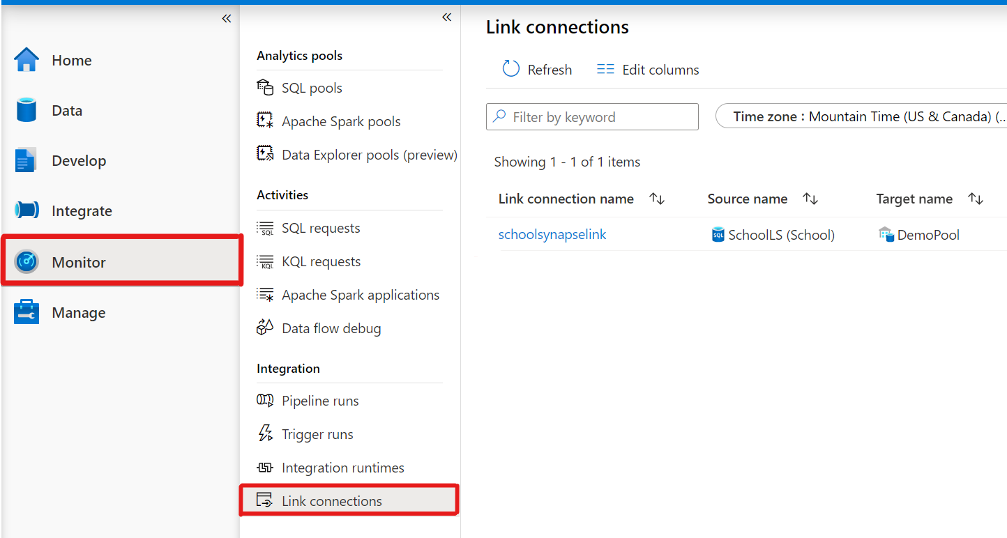 Screenshot that shows how to monitor the status of the Azure Synapse Link connection from the monitor hub.
