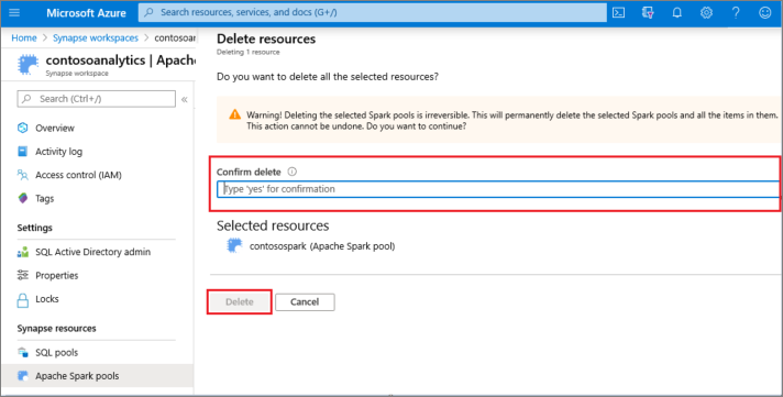 Screenshot from the Azure portal of the Confirmation dialog to delete the selected Apache Spark pool.