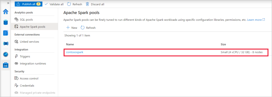 Synapse Studio new Apache Spark pool list