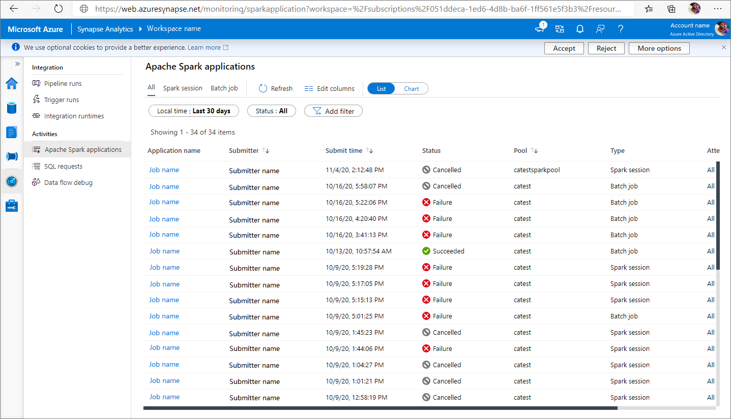 Screenshot of Apache Spark applications.