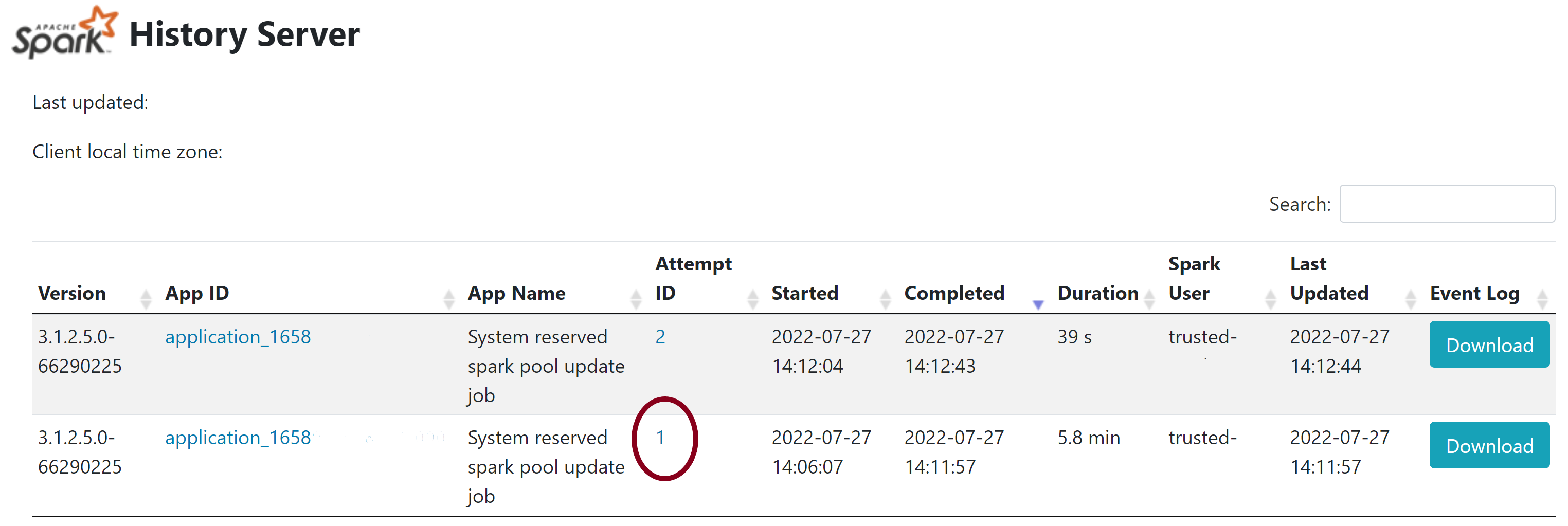 Screenshot that highlights the executor details in the spark history server page for the failed system reserved library job.
