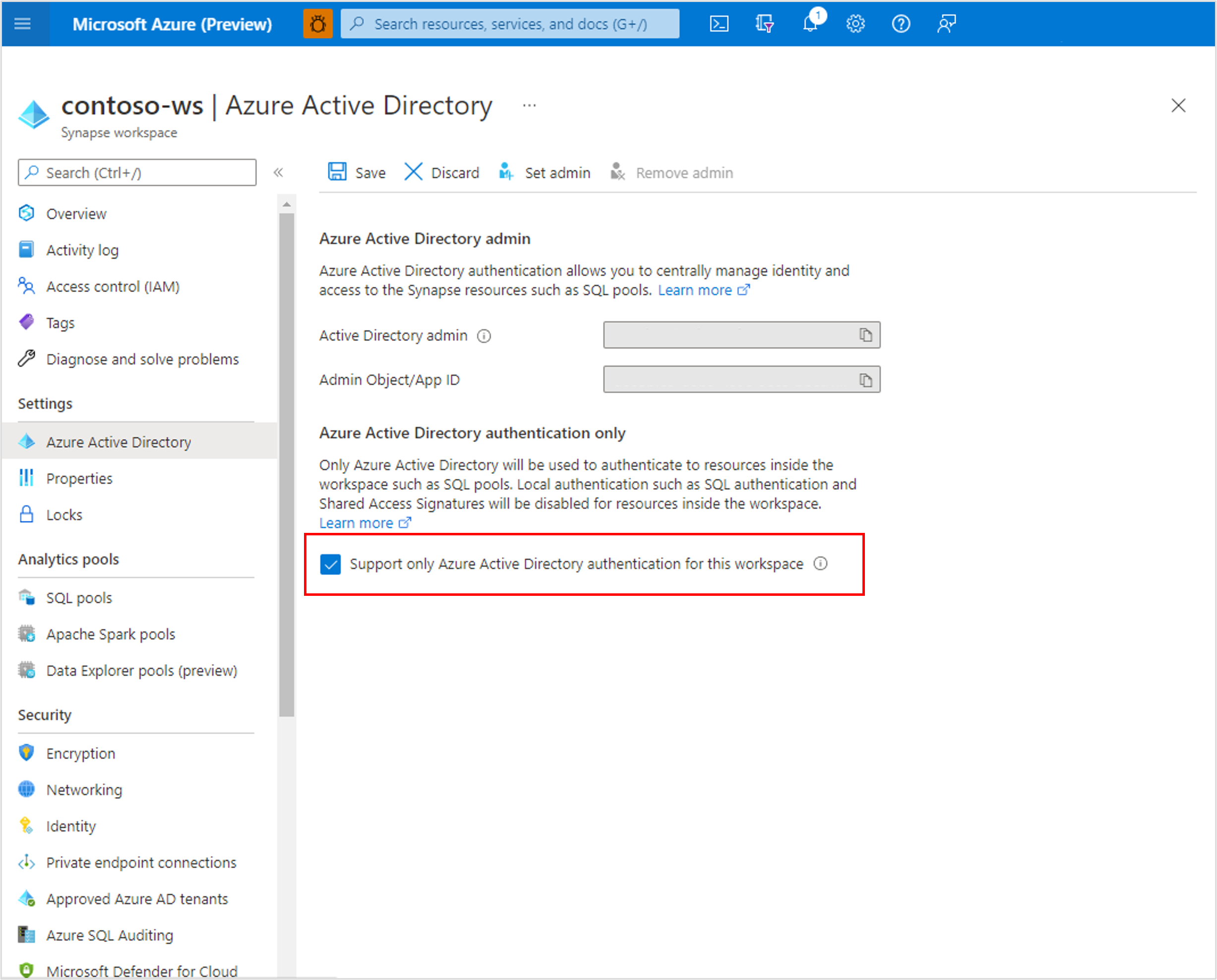 Azure AD-only auth configuration after workspace creation