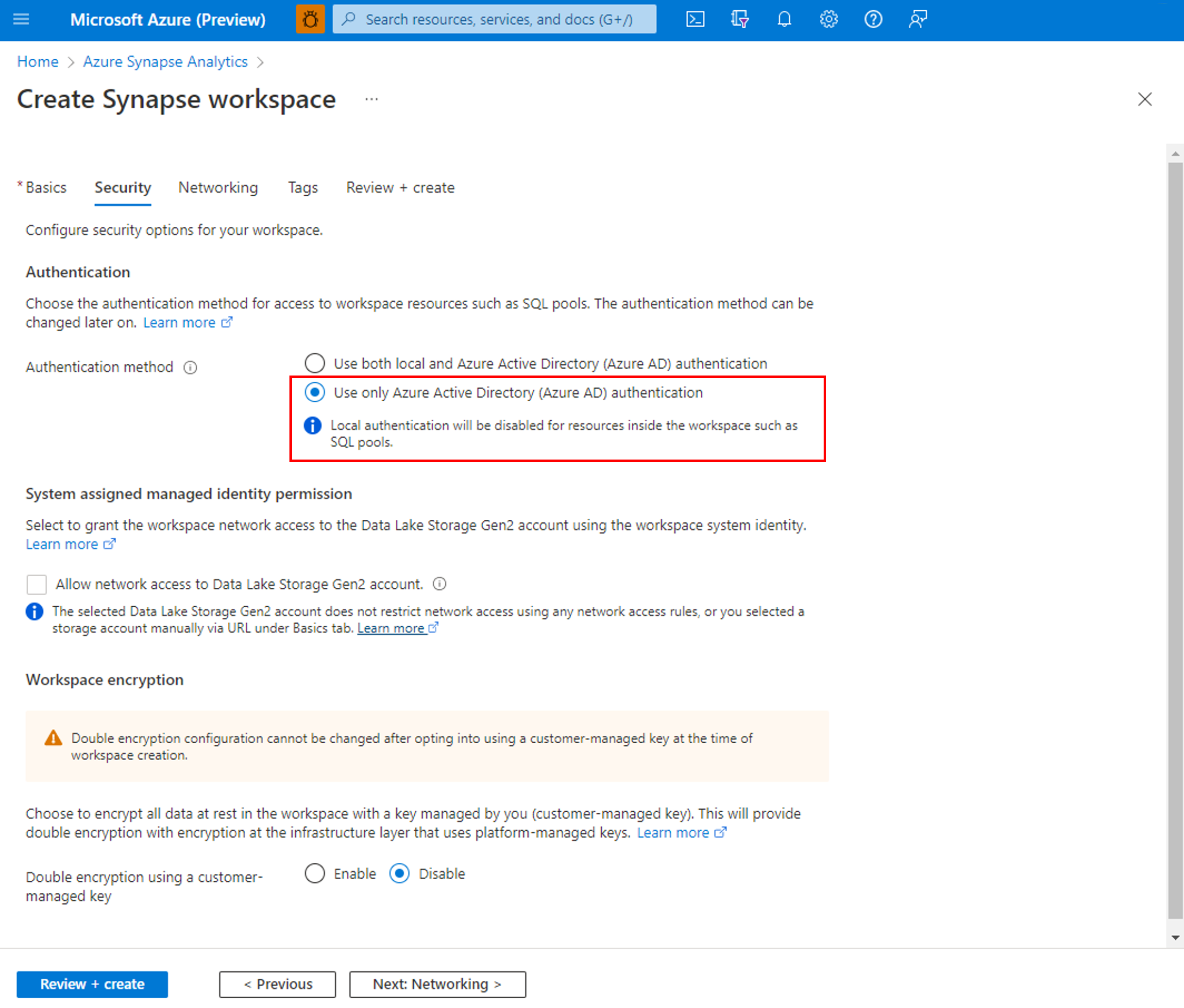 Azure AD-only auth configuration during workspace creation