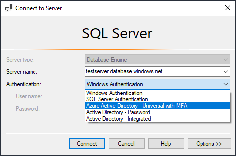 Screenshot shows Connect to Server dialog box where you can select a server name and authentication option.