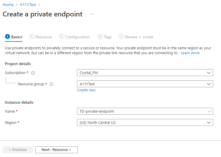 Screenshot of the Azure portal showing the first (Basics) tab of the Create a private endpoint dialog. It contains the fields described above.