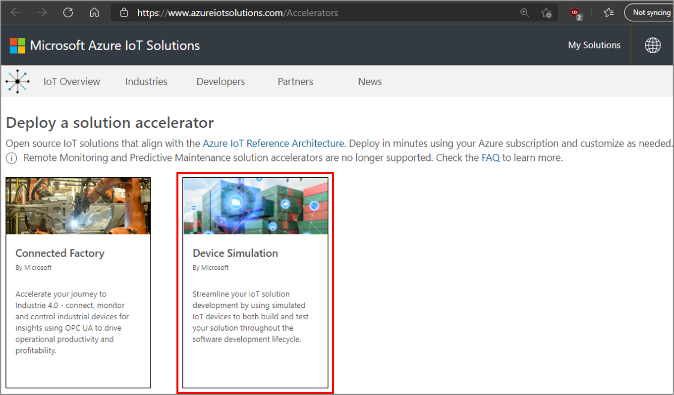 Azure IoT solution accelerators page.