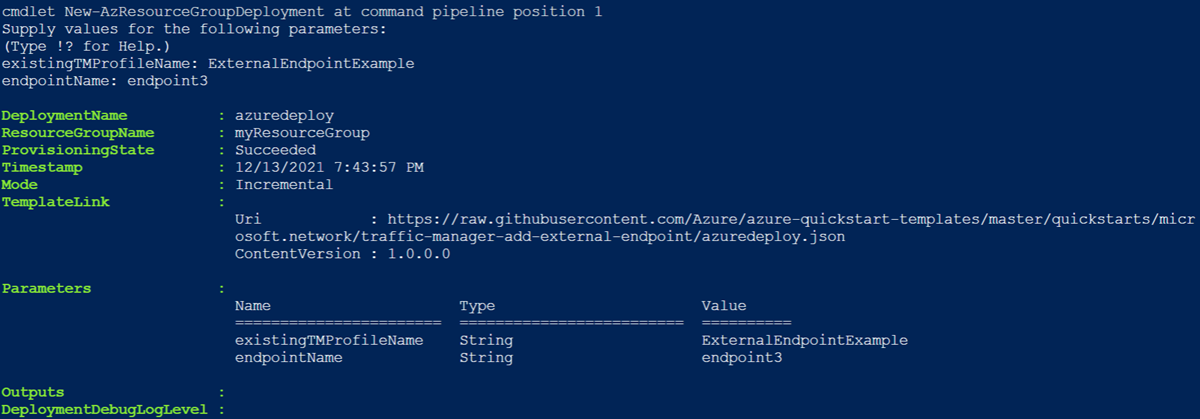 Azure Traffic Manager Resource Manager template PowerShell deployment output