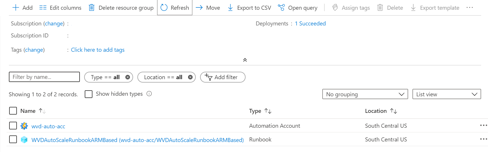 An image of the Azure overview page showing the newly created automation account and runbook.