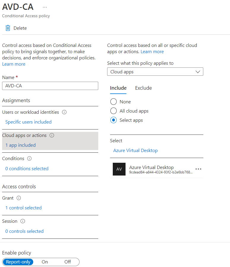 A screenshot of the Conditional Access Cloud apps or actions page. The Azure Virtual Desktop app is shown.