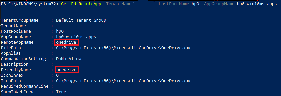 A screenshot of PowerShell cmdlet Get-RDSRemoteApp with Name and FriendlyName highlighted to customize display name.