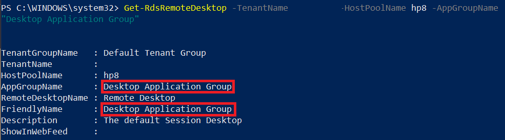 A screenshot of PowerShell cmdlet Get-RDSRemoteApp with Name and FriendlyName highlighted.