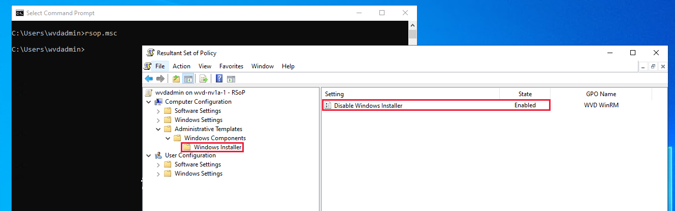 Screenshot of Windows Installer policy in Resultant Set of Policy