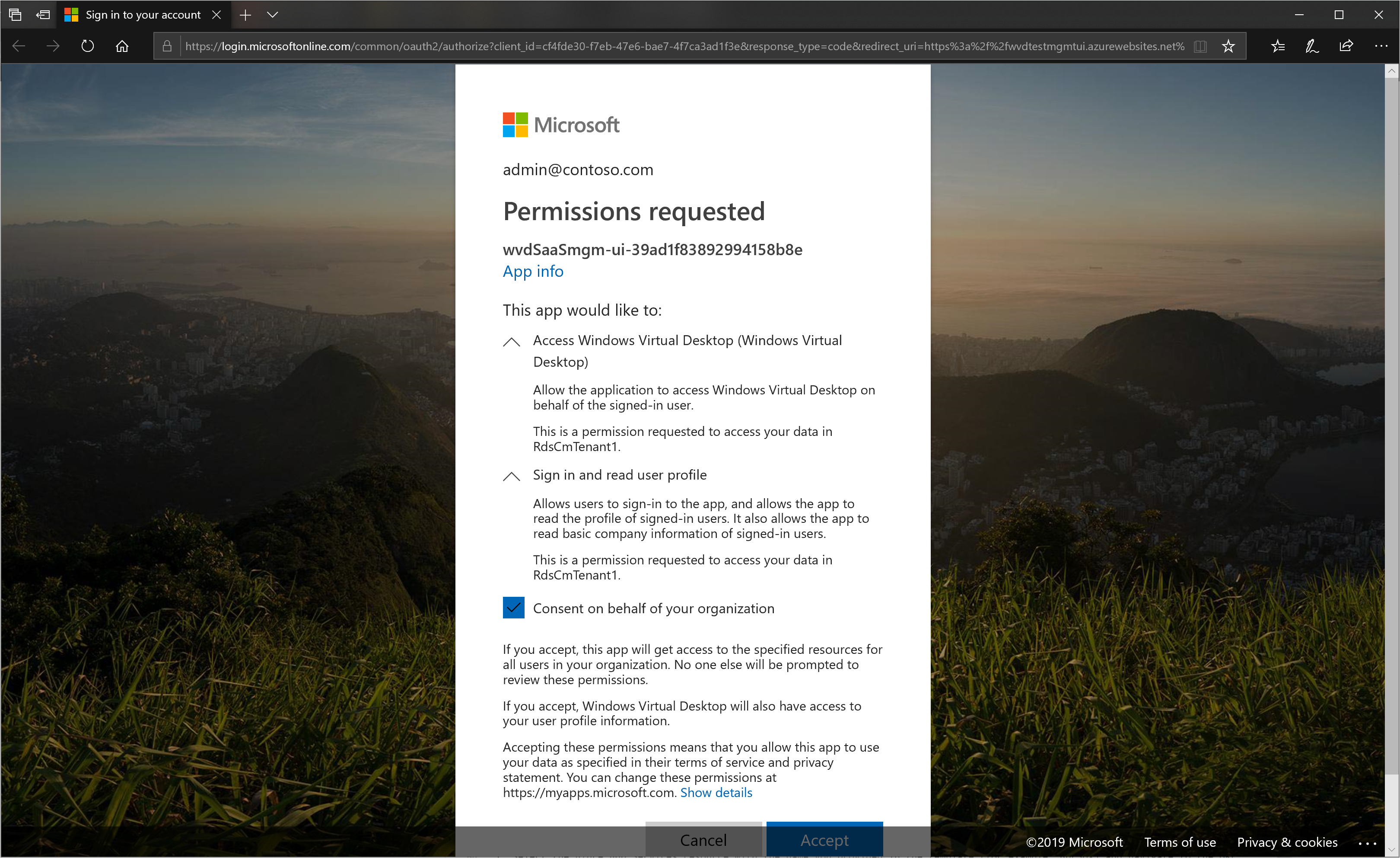 A screenshot showing the full consent page that the user or admin will see.