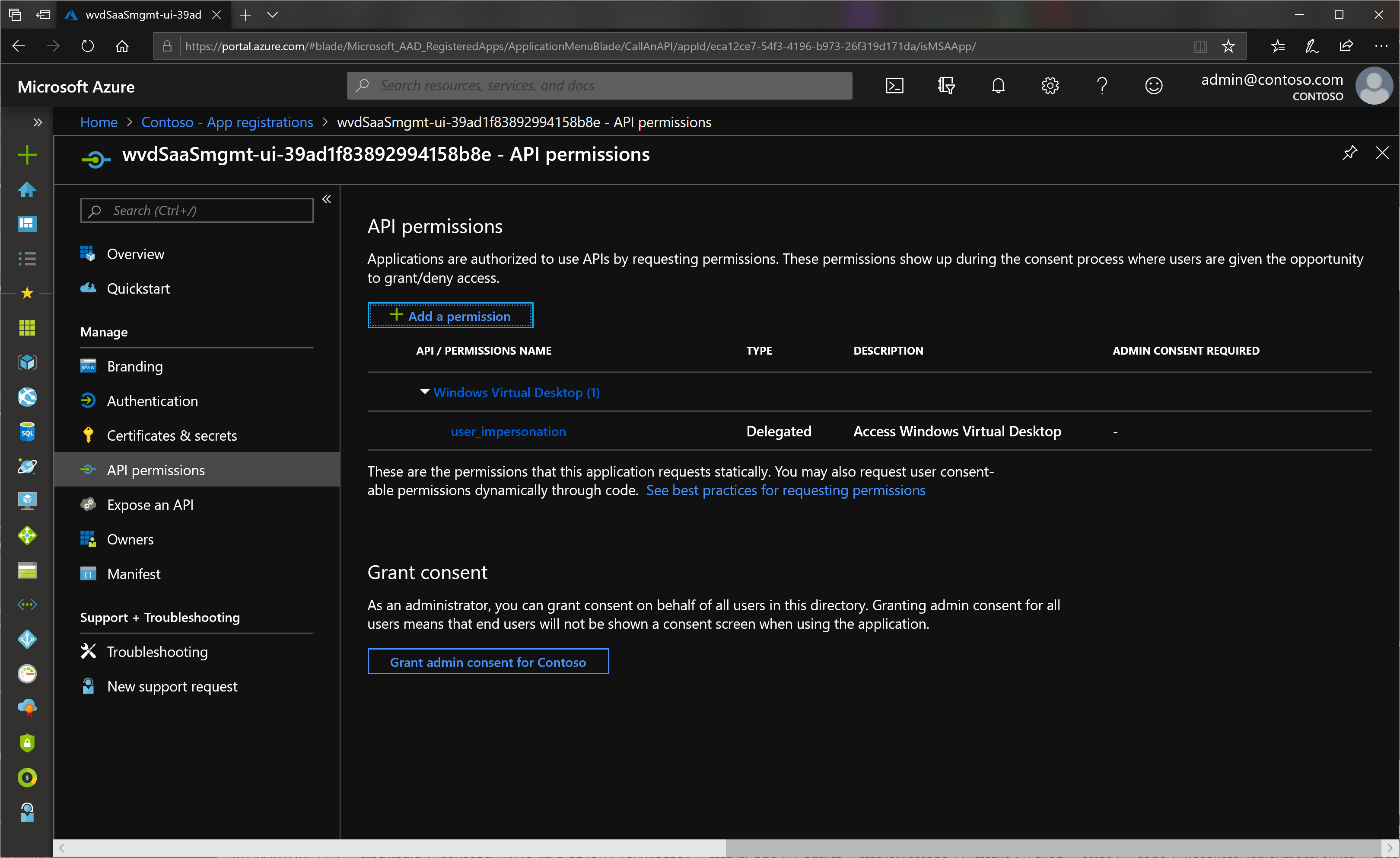 A screenshot showing the permissions being provided when you consent to the UI management tool.